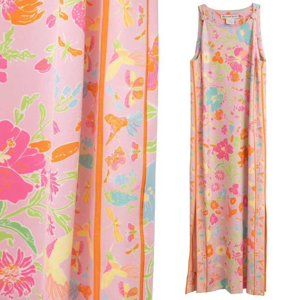 Gretchen Scott Maxi Dress Sz M Pink Tropical Hummingbird GrandMillennial Chic